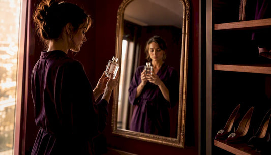 Una mujer revisa la etiqueta de un perfume mientras está en el baño.