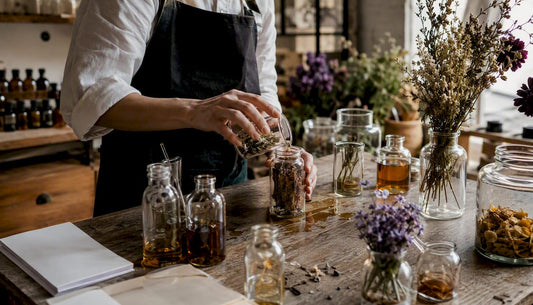 Unas manos seleccionan y dosifican cuidadosamente ingredientes naturales para crear un perfume.