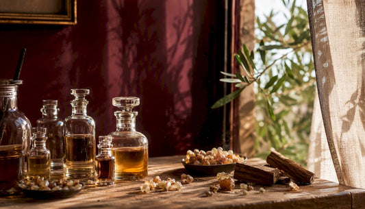 Flacons de parfum artisanaux ornés de résines, accompagnés de leur bougie parfumée