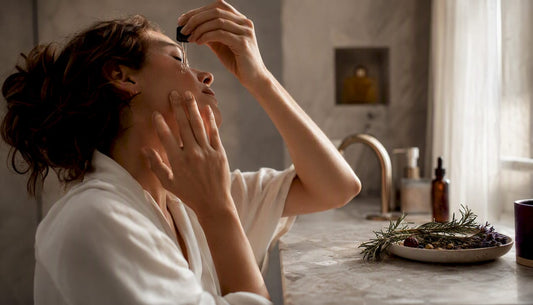 Manos aplicando sérum con calma, disfrutando de una rutina de belleza pausada.