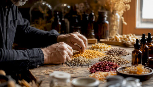 Artisan's hands selecting natural perfume ingredients
