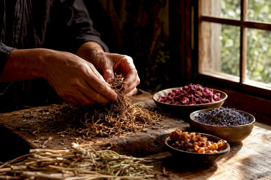 Hands grinding sandalwood and vetiver botanicals