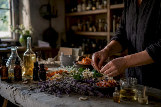 Hands arranging natural perfume botanicals and bottles