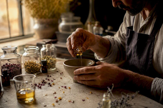 Un artisan parfumeur mélange délicatement à la main des matières premières naturelles pour créer des fragrances uniques.
