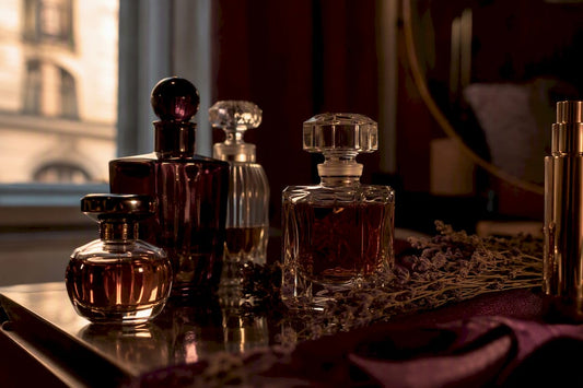 Partial perfume bottles in elegant setting