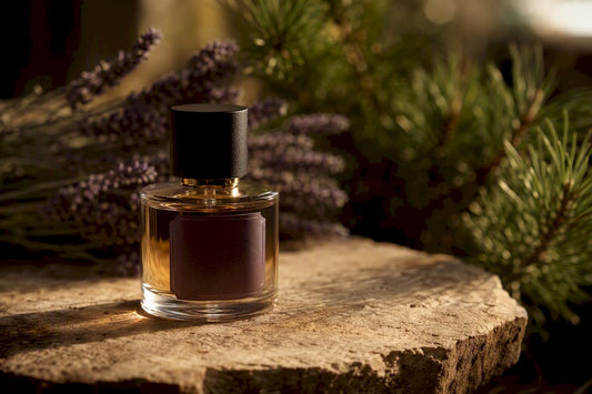 Flacon de parfum naturel posé sur une table en bois