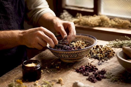 Hands grinding botanicals in artisanal perfumery