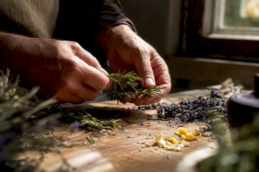 Hands crushing rosemary herb outdoors