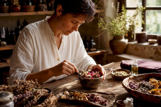 Hands blending botanical ingredients in artisan workshop