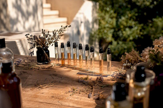 Perfume trial vials on wood table