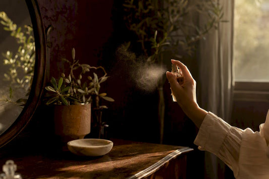 Hand spraying perfume mist on vanity