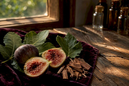 Ingredientes naturales de perfume de higo sobre mesa de madera