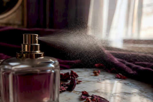 Gros plan sur un vaporisateur de parfum diffusant une brume