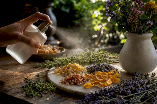 Hand spraying natural perfume mist over ingredients