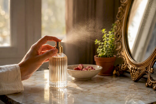 Mano rociando perfume de un frasco de 100 ml
