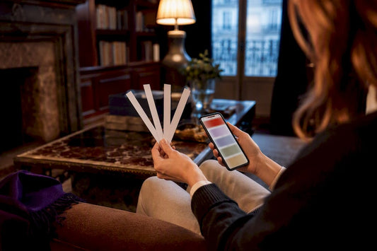 Hands comparing perfume samples beside finder