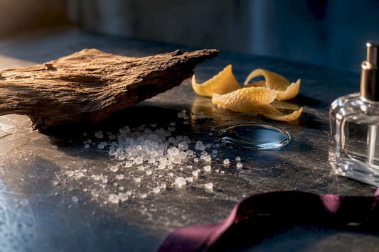 Sea salt and driftwood on perfumer workbench