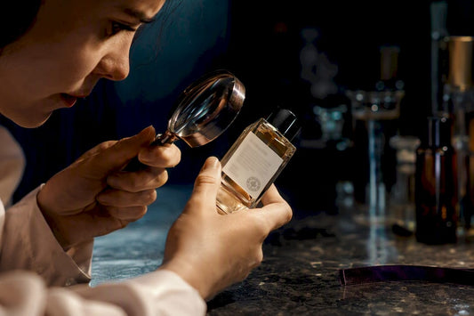 Compradora revisando los ingredientes de un perfume natural