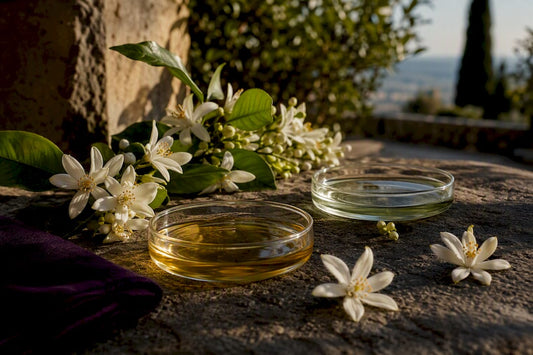 Bitter orange blossoms beside botanical extracts