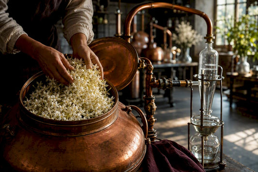 Neroli blossoms beside steam distillation still