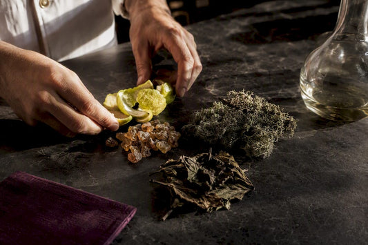 Chypre fragrance materials in dramatic atelier light