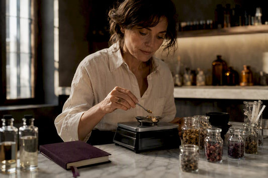 Ingrédients pesés dans un atelier de parfumerie
