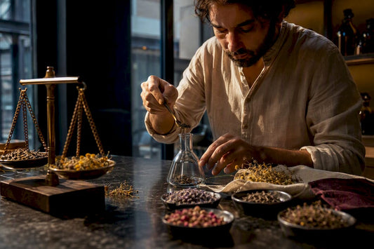 Perfumer weighing Mediterranean botanical ingredients