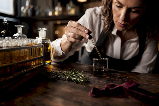 Perfumista dosificando extractos botánicos hechos a mano