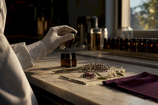 Perfumer inspecting raw material vials