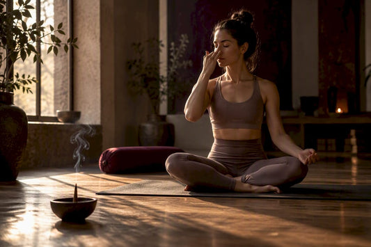 Persona practicando yoga y respirando junto a incienso