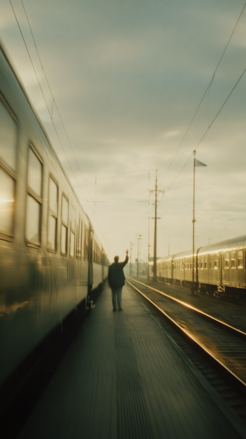 Personal transformation anchor — Wim Wenders figure waving from train platform · Maison Voyageur olfactory memory