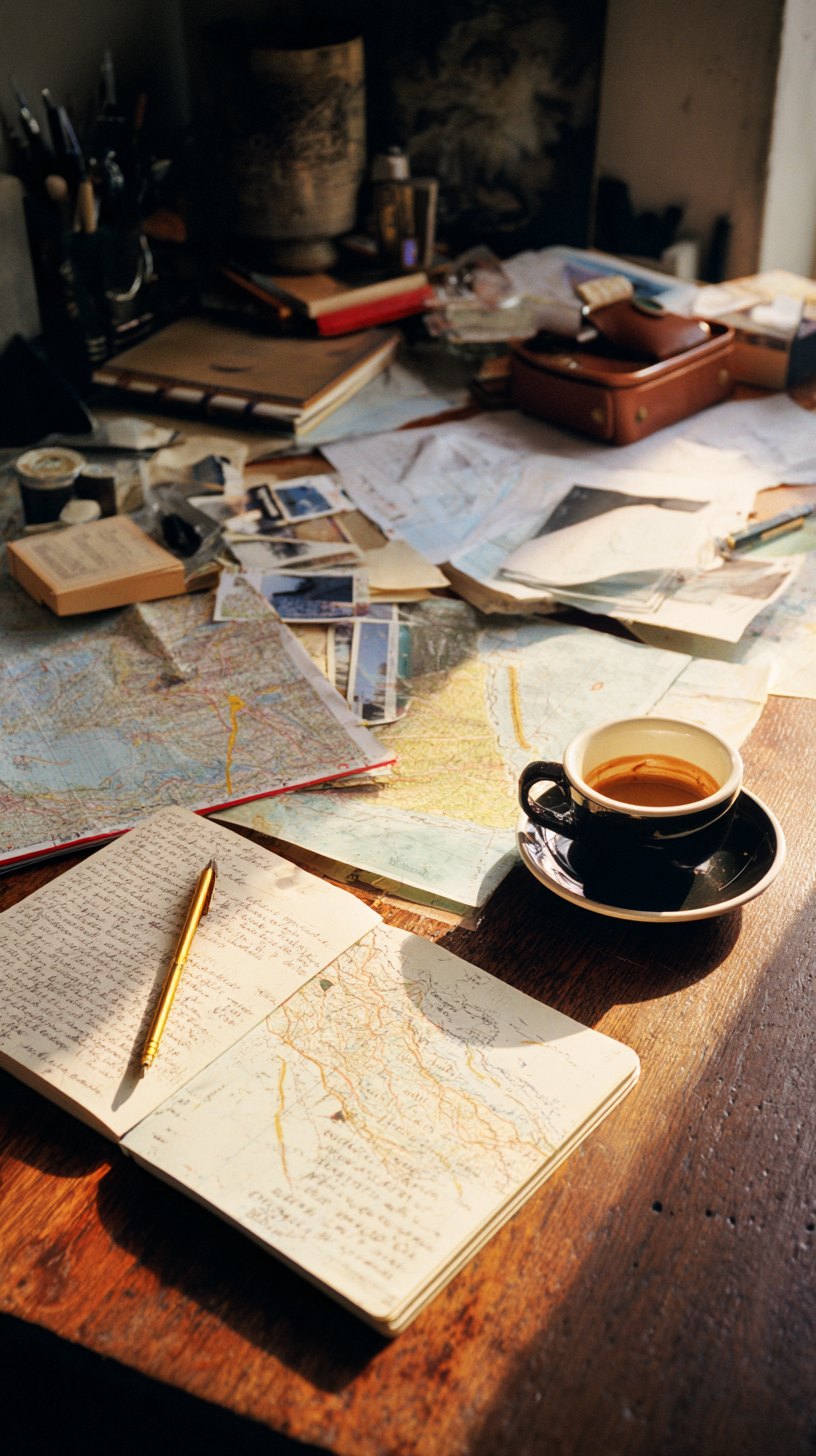 Choose niche perfume by personality — Wim Wenders wooden desk scattered objects · Maison Voyageur archetype guide