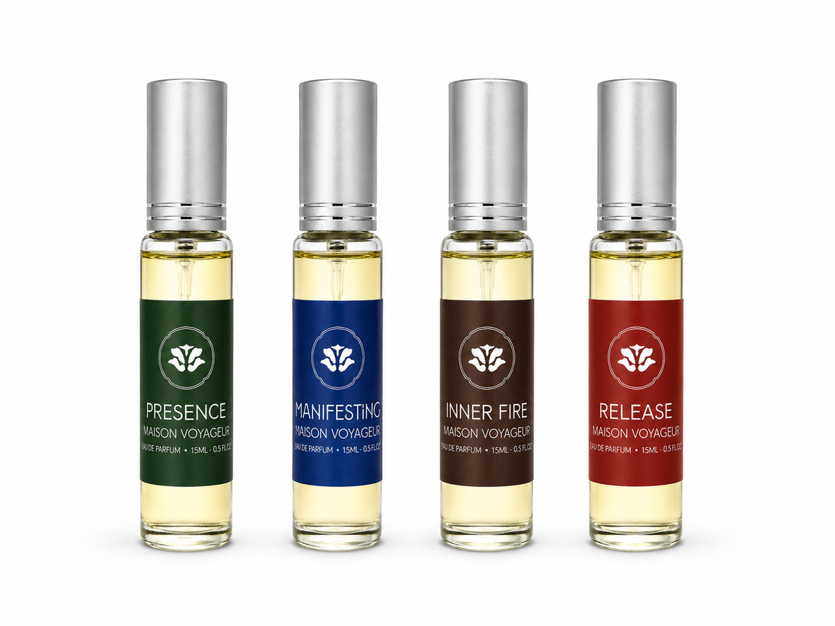 Maison Voyageur Men's Discovery Collection 4 × 15ml eau de parfum bottles · Inner Fire Presence Release Manifesting woody Mediterranean gift set artisanal Madrid travel size