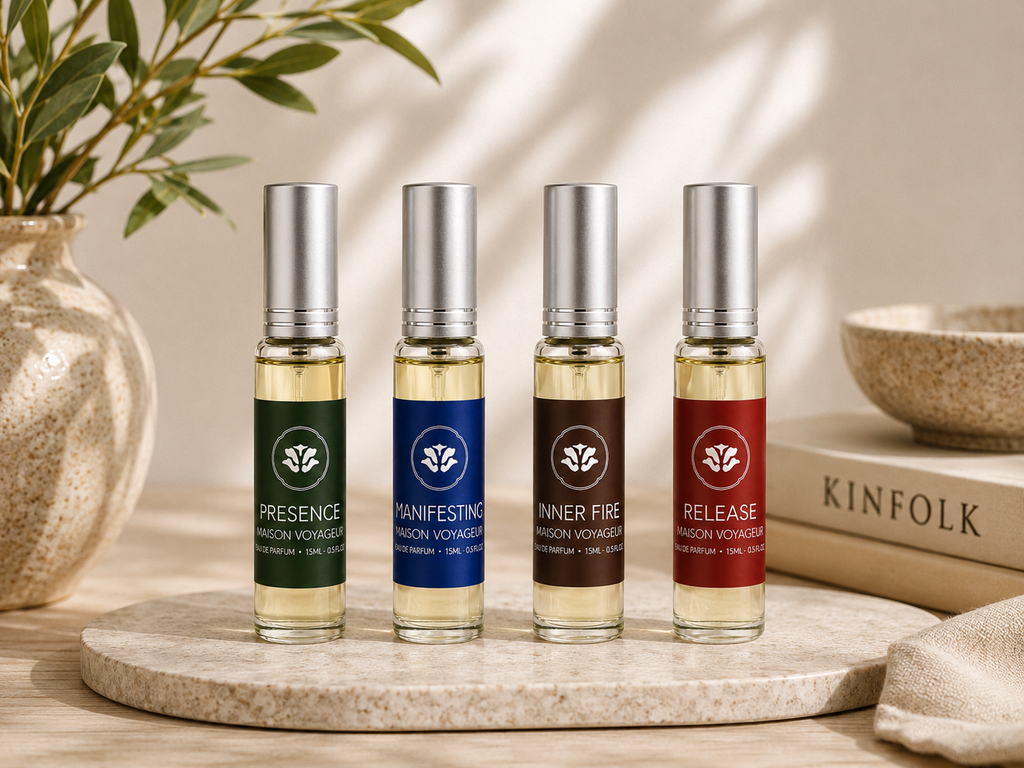 Men's 4 archetypes lifestyle composition · woody Mediterranean perfume gift set for men · artisanal eau de parfum hand-blended Madrid Maison Voyageur Discovery 15ml