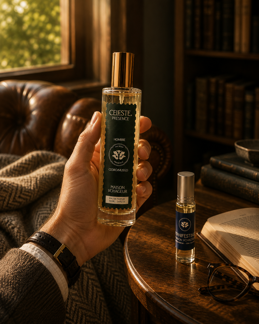 Presence Discovery Pack lifestyle · cedar moss ambrette gift box · Maison Voyageur Madrid