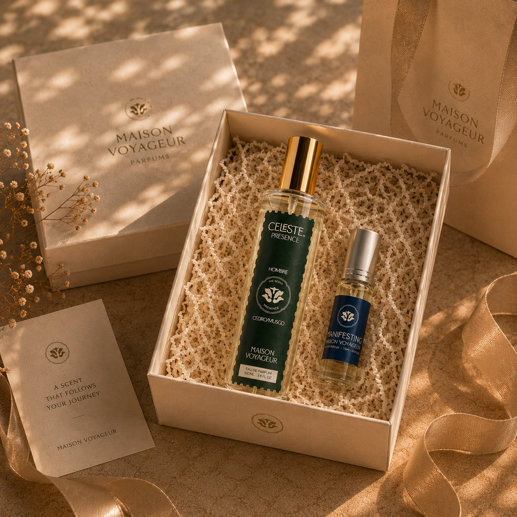 Presence Discovery Pack still life · luxury perfume gift set for men · Maison Voyageur Madrid