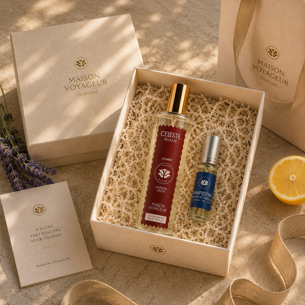 Libérer 100ml + Manifester 15ml · Un Cadeau d'Elle à Lui · Ce qu'Il Porte chez Lui, Ce qu'Il Emporte dans le Monde · Maison Voyageur