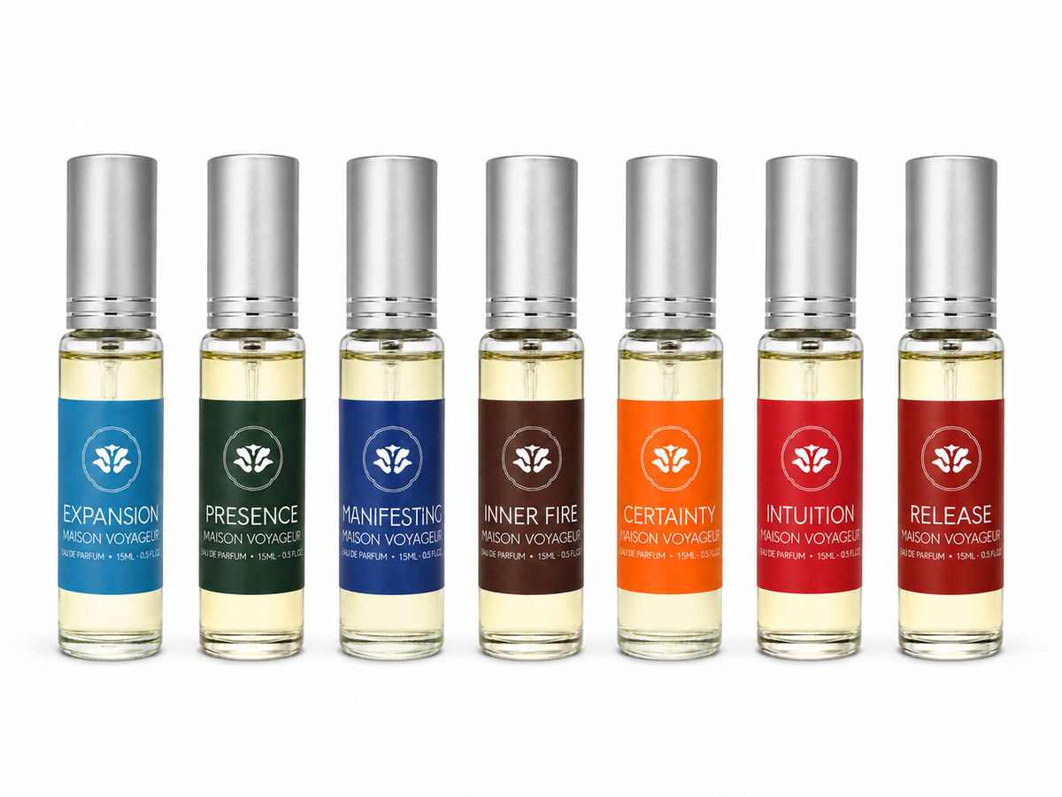 Maison Voyageur Voyage 7 complete travel collection · 7 × 15ml eau de parfum bottles all seven Mediterranean archetypes · artisanal hand-blended Madrid premium gift box