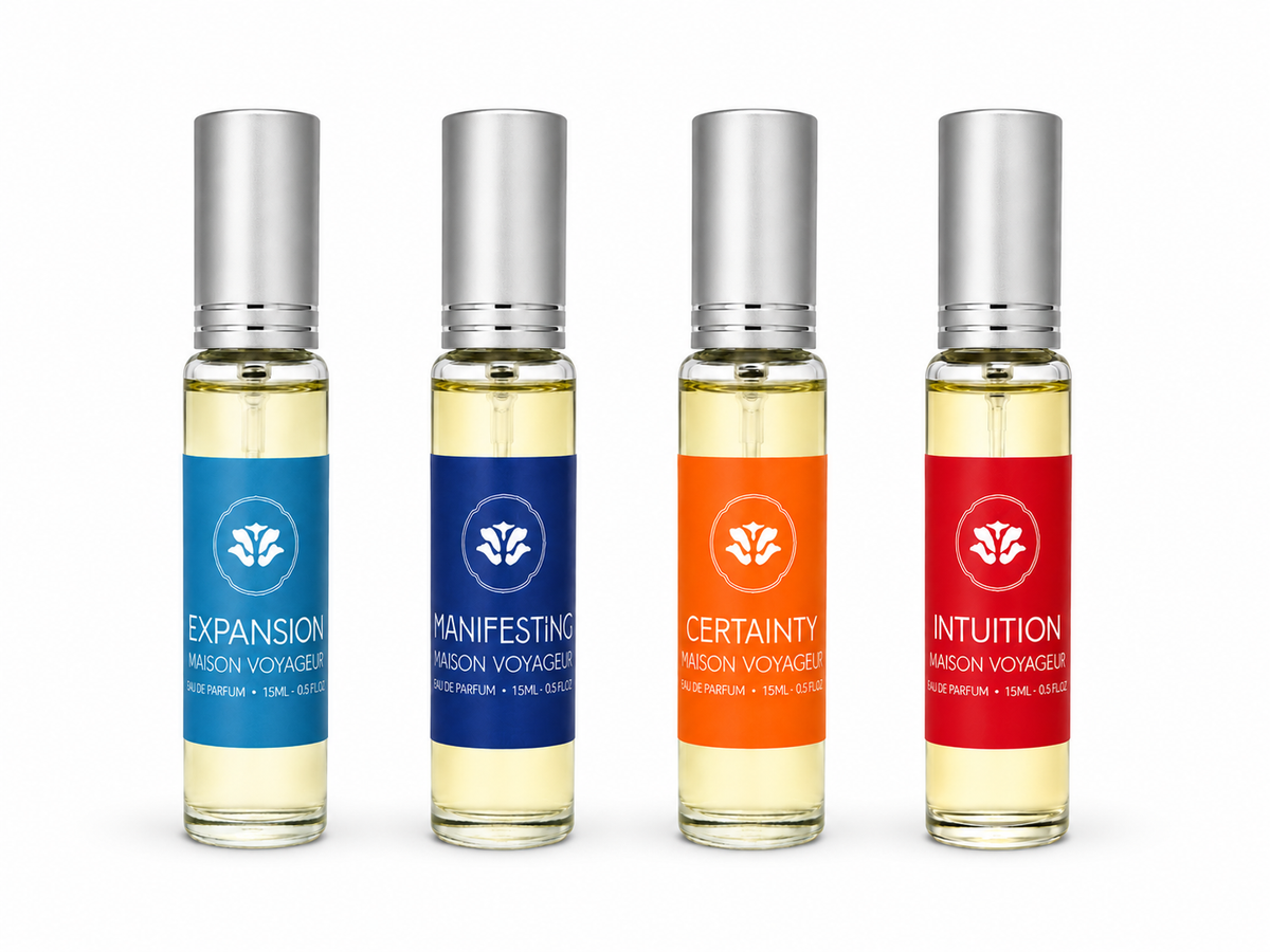 Maison Voyageur Women's Discovery Collection 4 × 15ml eau de parfum bottles · Certainty Expansion Intuition Manifesting floral Mediterranean gift set artisanal Madrid travel size