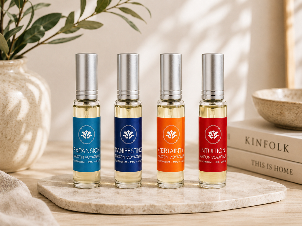 Women's 4 archetypes lifestyle composition · floral Mediterranean perfume gift set for women · artisanal eau de parfum hand-blended Madrid Maison Voyageur Discovery 15ml