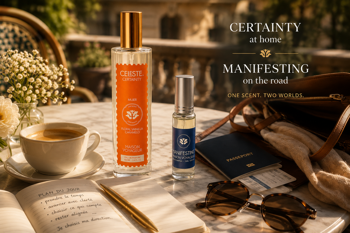 Certainty Discovery Pack still life · 100ml + 15ml + notes · Mediterranean composition