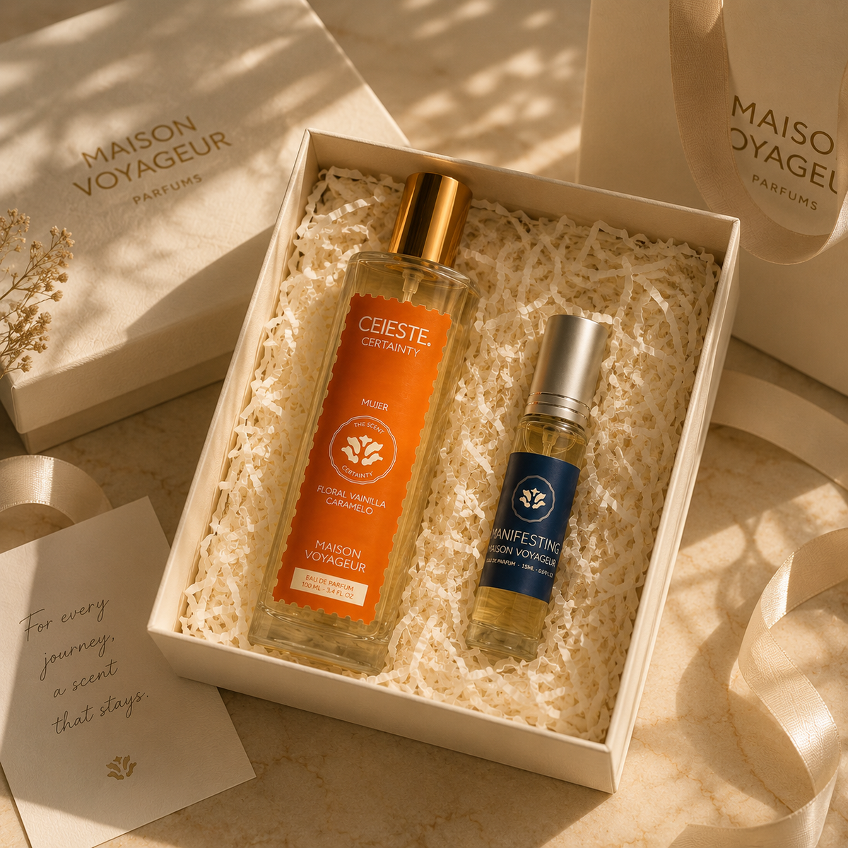 Certainty Discovery Pack editorial · luxury perfume gift set · Maison Voyageur Madrid
