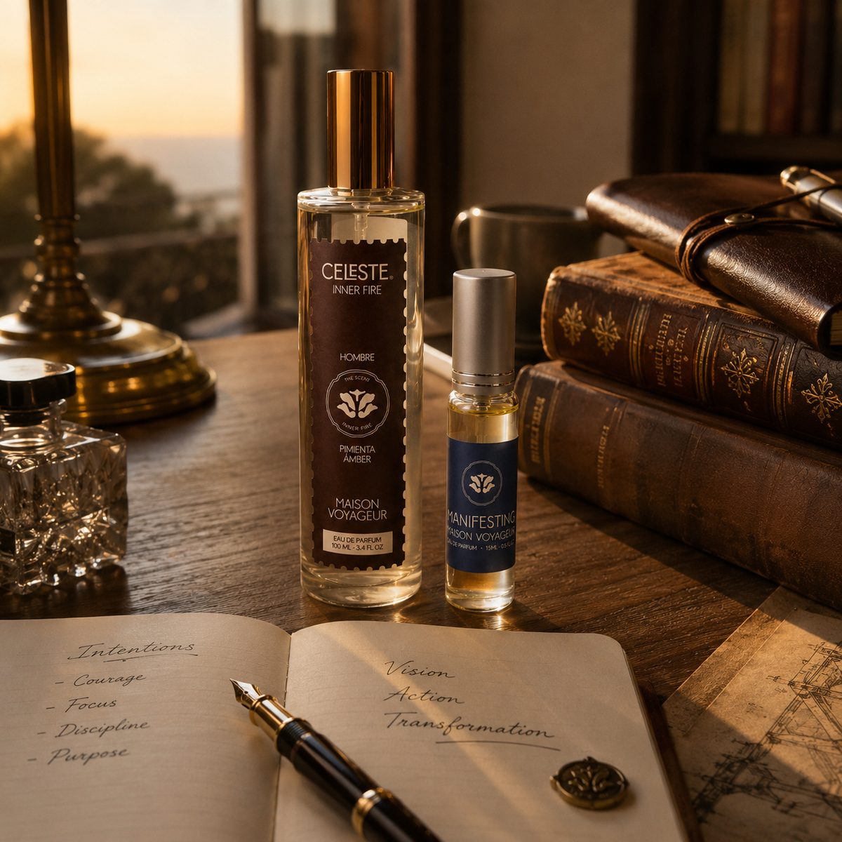 Inner Fire Perfume Gift Set · 100ml + 15ml travel · pepper amber leather + bergamot citrus · gift from her to him · Maison Voyageur Madrid