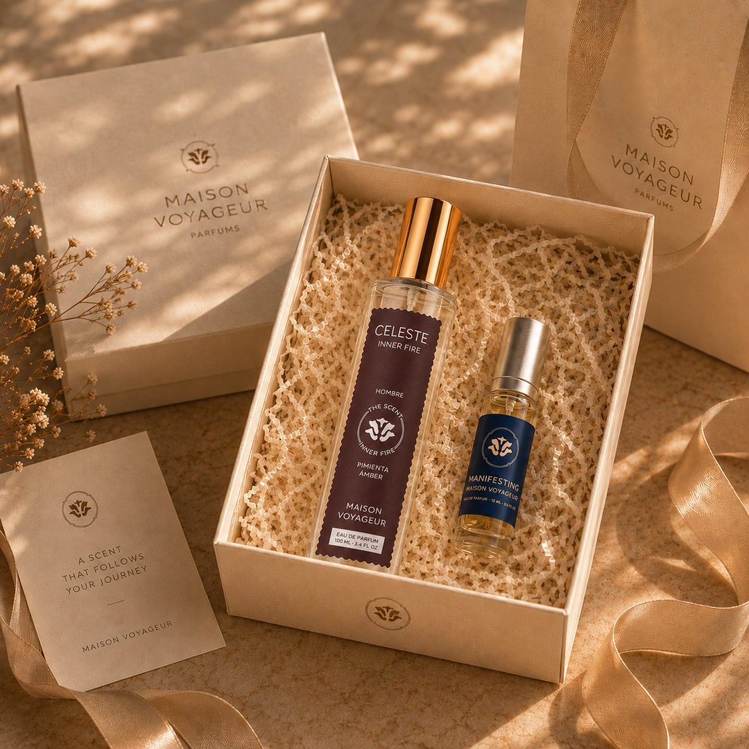 Inner Fire Discovery Pack still life · luxury perfume gift set for men · Maison Voyageur Madrid