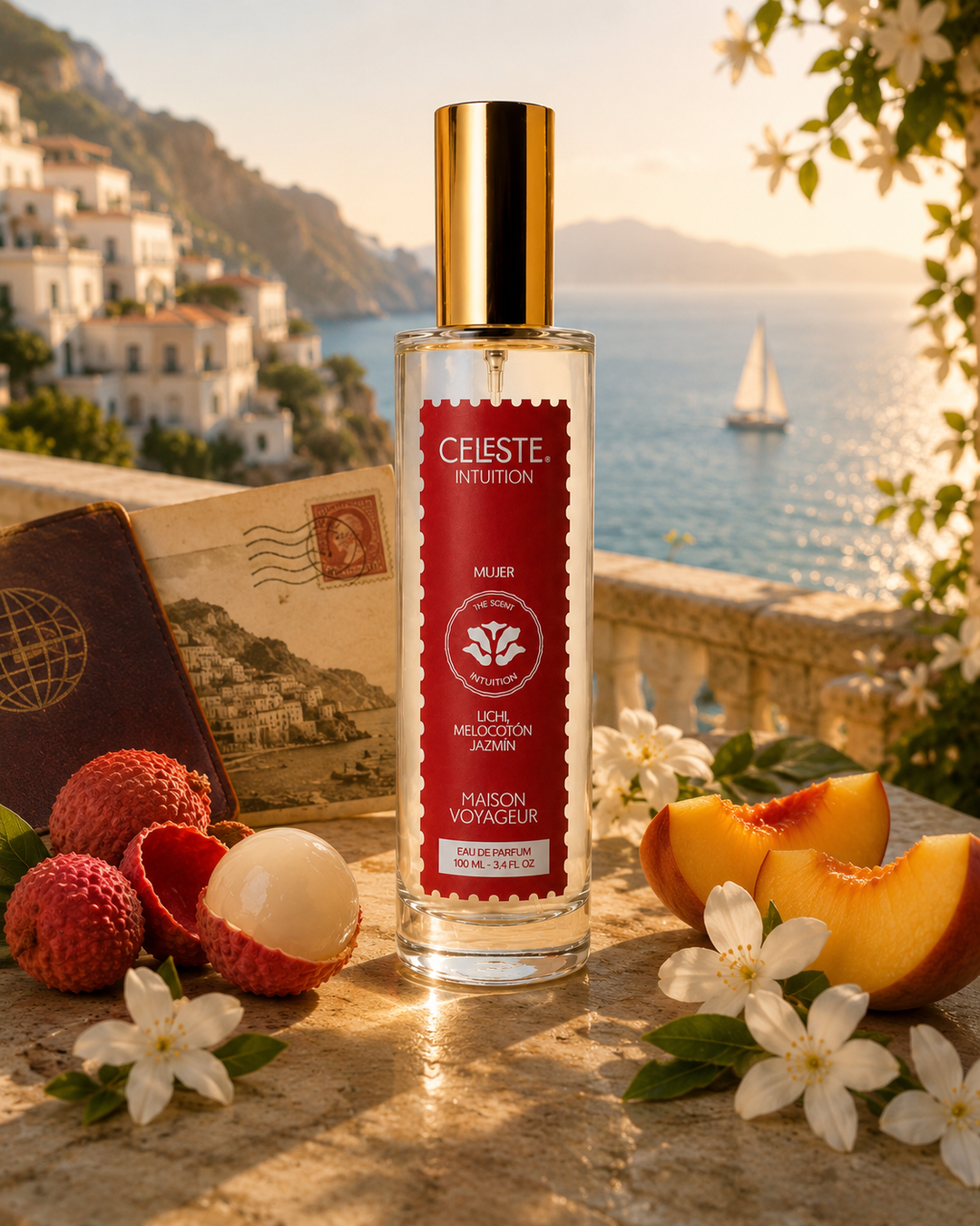 Intuition 100ml Eau de Parfum bottle · lychee peach white tea · Mediterranean perfumerie composed slowly in Madrid · Maison Voyageur