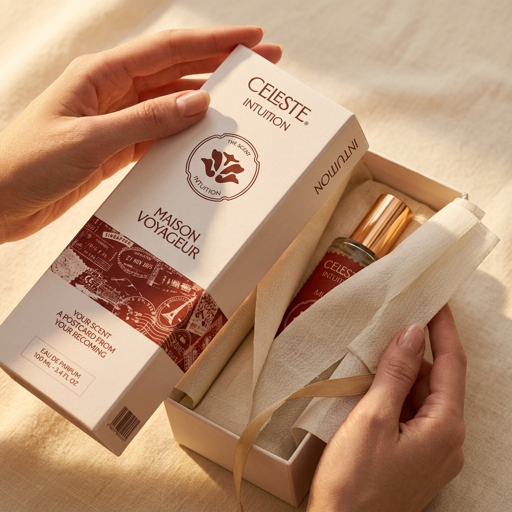 Intuition 100ml Eau de Parfum editorial still life · lychee peach white tea · Maison Voyageur Madrid