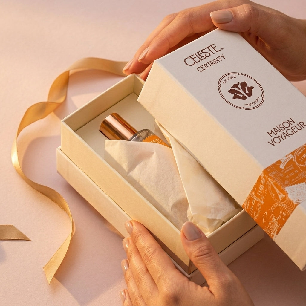 Certainty 100ml Eau de Parfum editorial still life · vanilla caramel cedar · Maison Voyageur Madrid