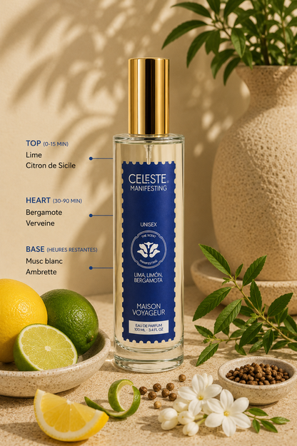 Manifesting 100ml notes pyramid · bergamot lime citrus cardamom · Maison Voyageur Madrid