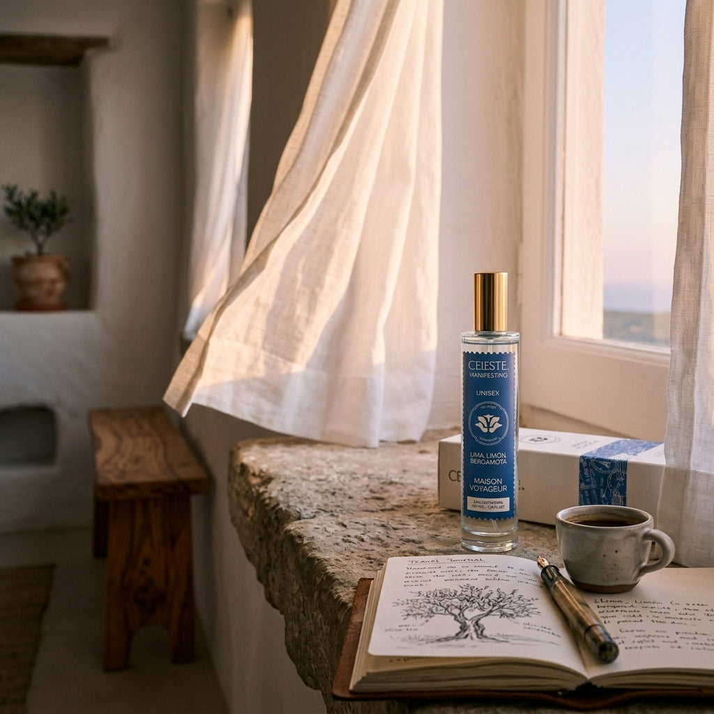 Manifesting 100ml Eau de Parfum lifestyle composition · bergamot lime citrus cardamom · Maison Voyageur Madrid