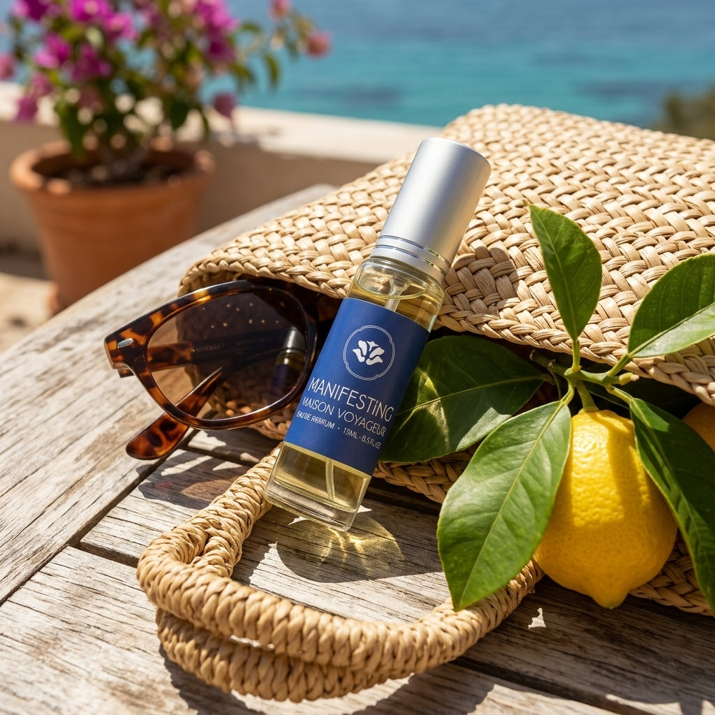 Manifesting 15ml Eau de Parfum travel size lifestyle composition · bergamot lime citrus cardamom · Maison Voyageur Madrid